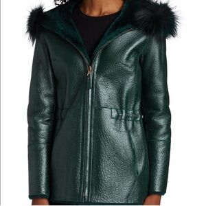 Elegant Dark Green Leather Jacket with Faux Fur Trim Size S